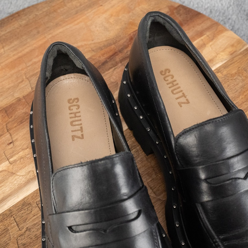 Schutz Christie Shoes Women US 8 B Black Leather Studs Platform Penny Loafers - Picture 6 of 8